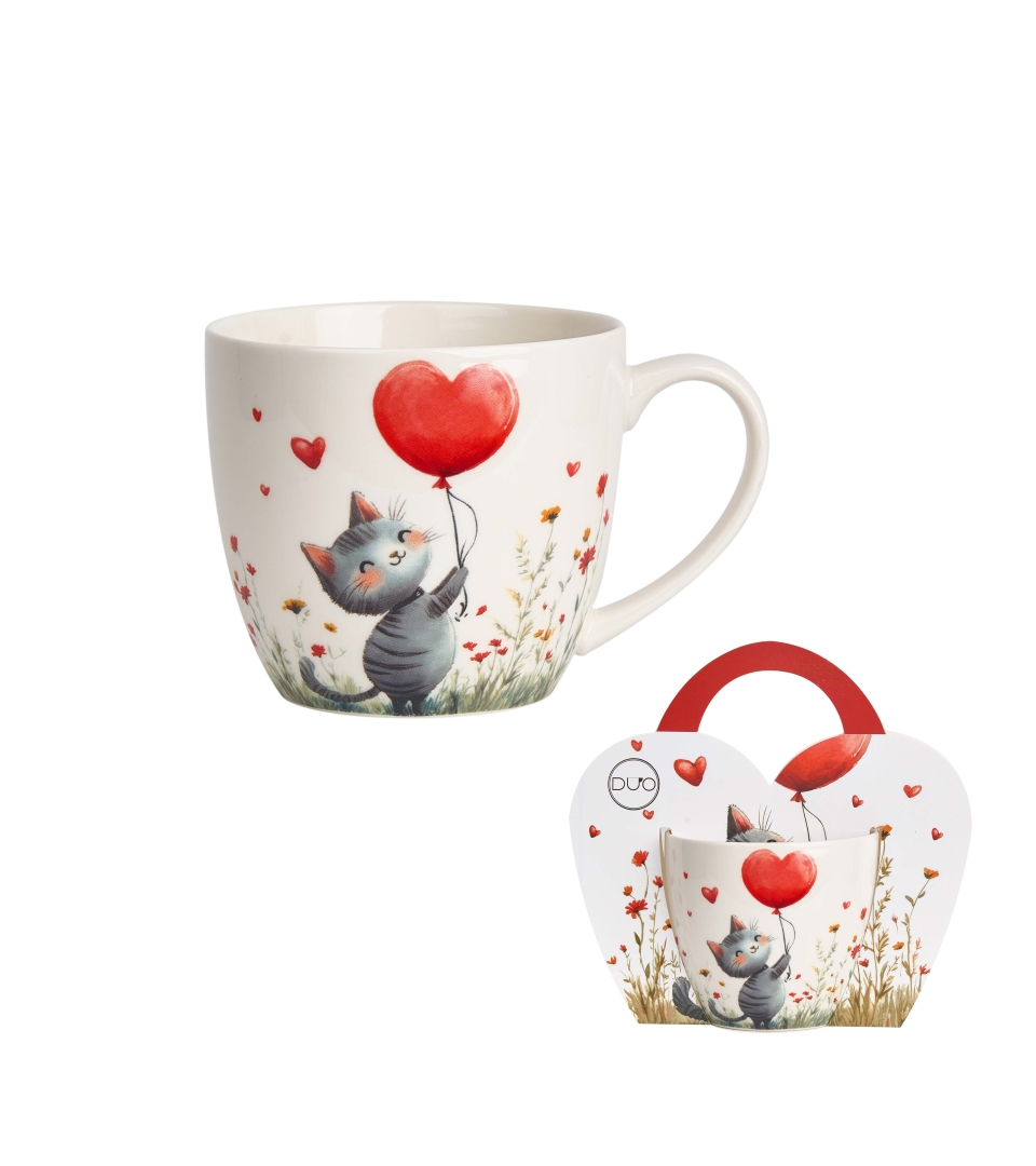 Kubek 460 ml w "koszyczku" KOT Z BALONEM