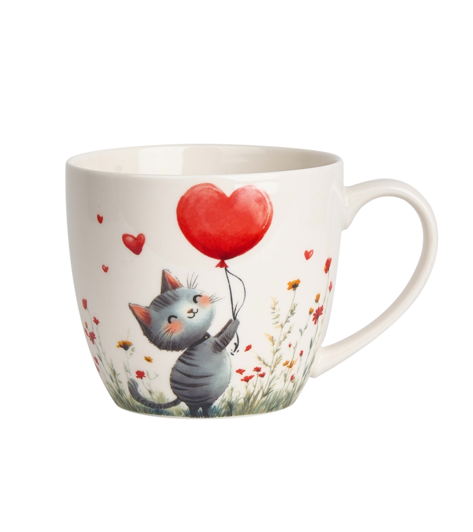 Kubek 460 ml w "koszyczku" KOT Z BALONEM