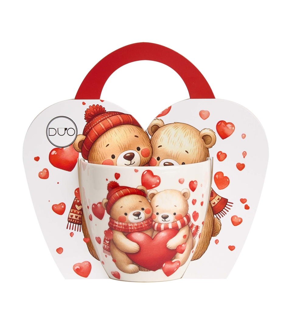 Kubek 460 ml w "koszyczku" MISIE Z SERCAMI