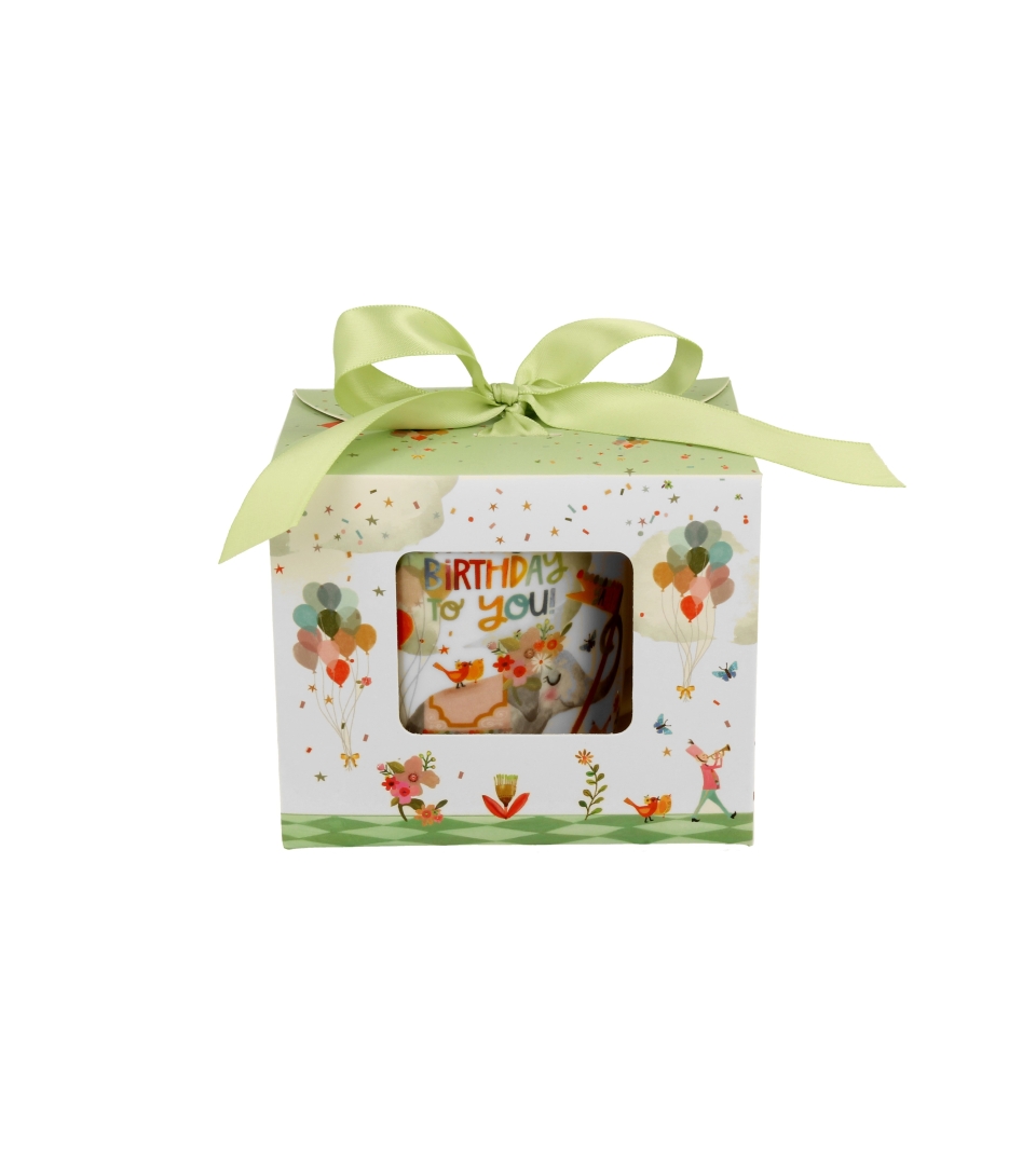 Kubek okazjonalny z zaparzaczem "HAPPY BIRTHDAY" w pudełku z kokardą