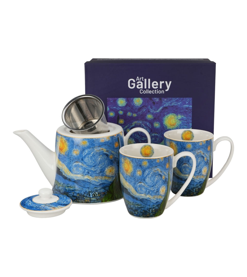 Zestaw dzbanek z zaparzaczem ze stali nierdzewnej i 2 kubki classic STARRY NIGHT inspired by Van Gogh