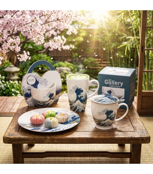 Kubek 460 ml w "koszyczku" THE GREAT WAVE inspired by K. Hokusai (sprzedaż w zestawach po 4 szt.)