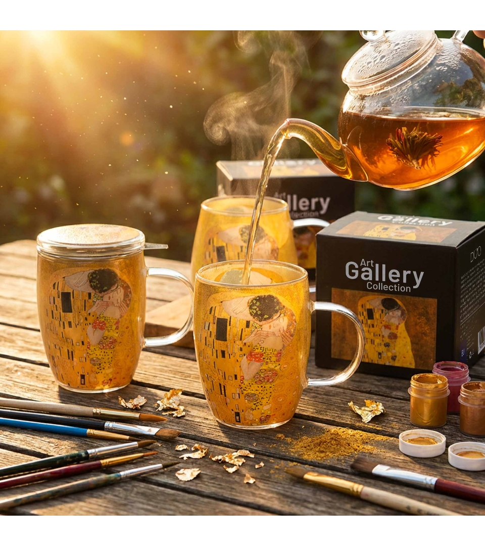 Kubek szklany z podwójną ścianką i zaparzaczem ze stali nierdzewnej THE KISS CLASSIC inspired by G. Klimt