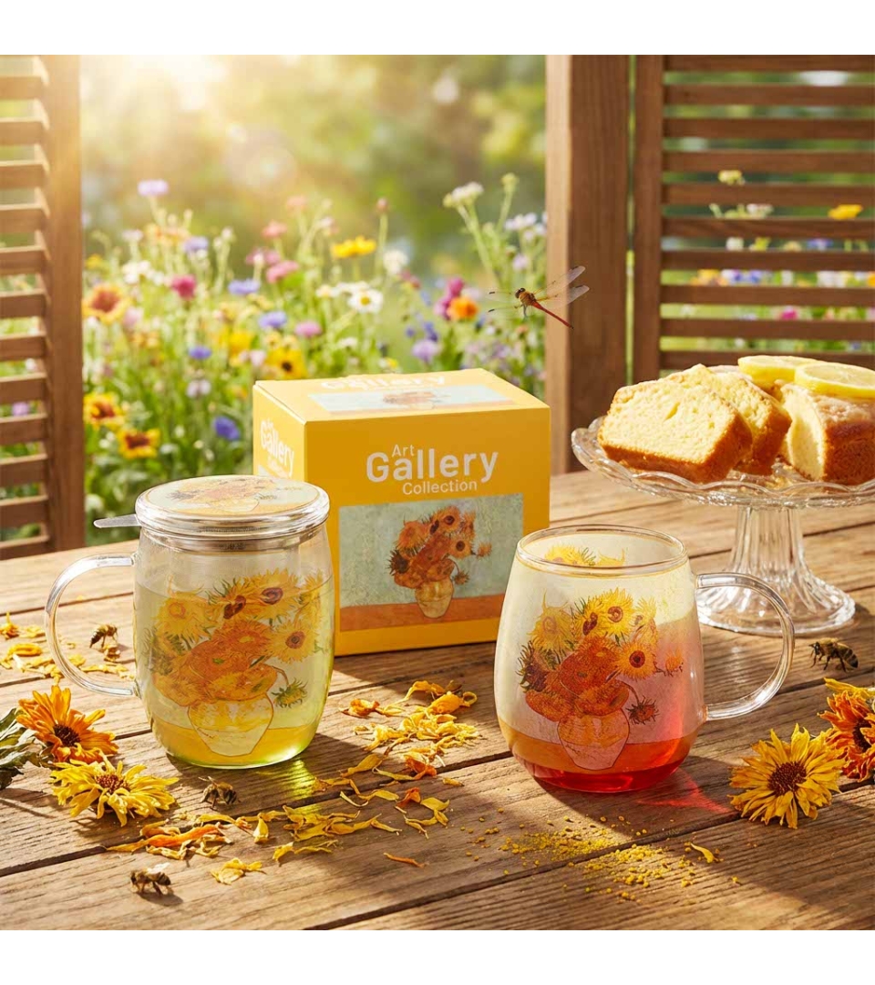 Kubek szklany z podwójną ścianką i zaparzaczem ze stali nierdzewnej SUNFLOWERS inspired by Van Gogh