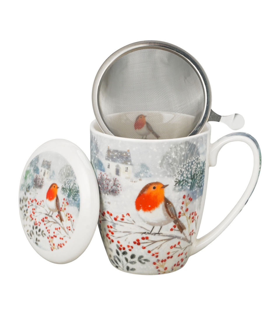 Kubek z zaparzaczem w pudełku z kokardą ROBIN IN SNOW